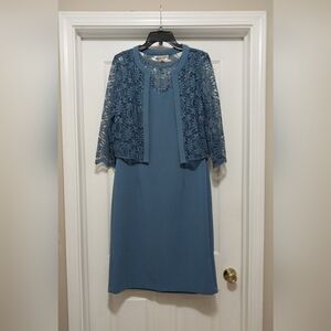 Maya Brooke 2 Piece Sleeveless Dress With Lace Jacket Dusty/Slate Blue Size 14